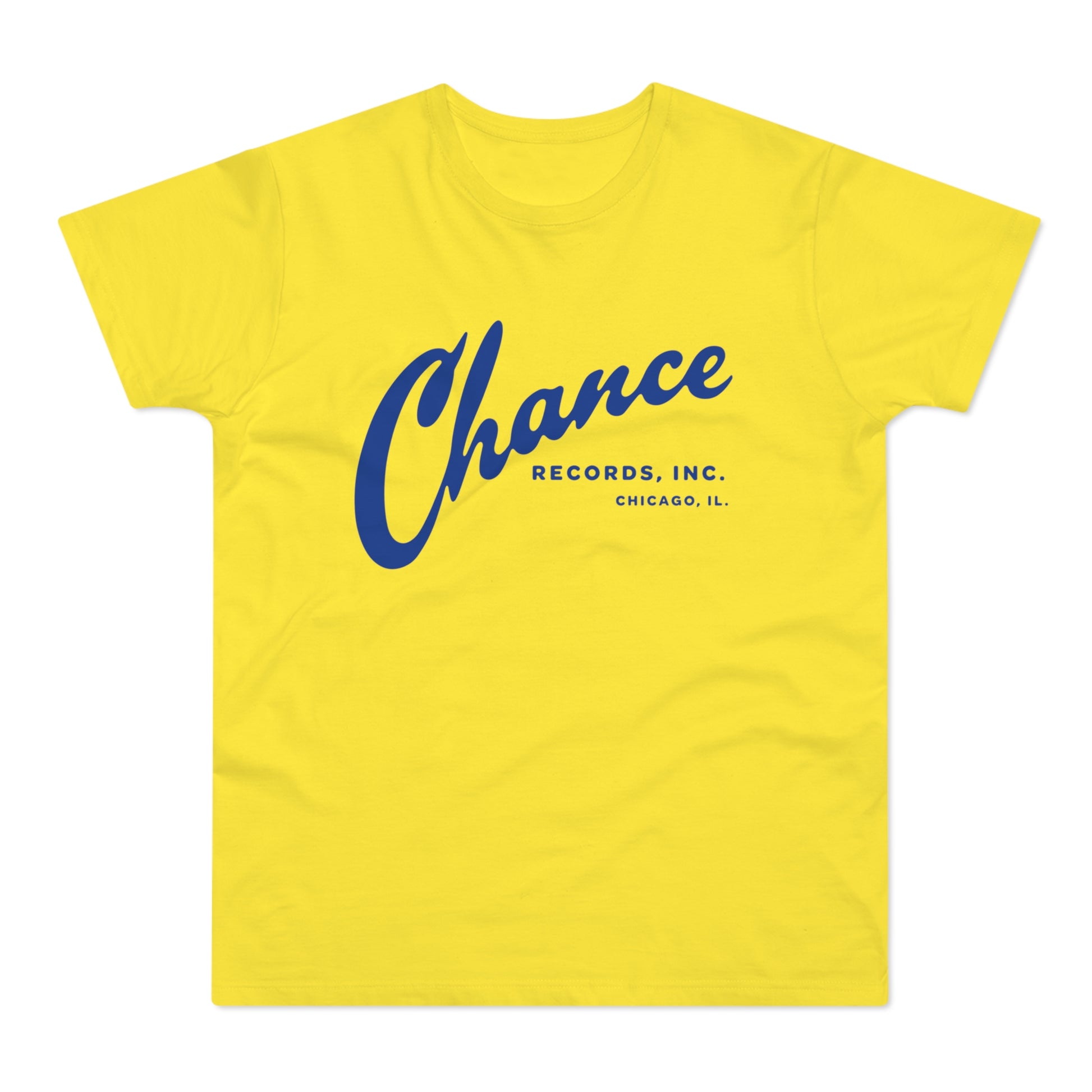 Yellow t-shirt with blue "Chance Records, Inc. Chicago, IL." text.