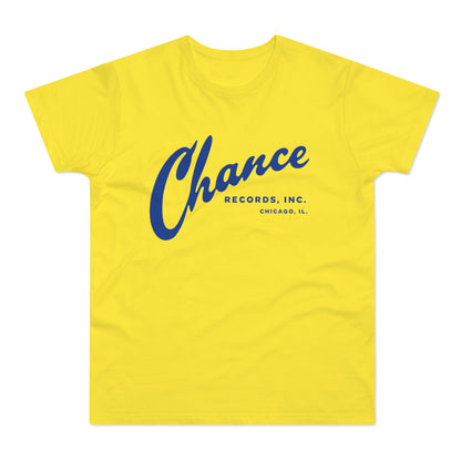 Yellow t-shirt with blue "Chance Records, Inc. Chicago, IL." text.