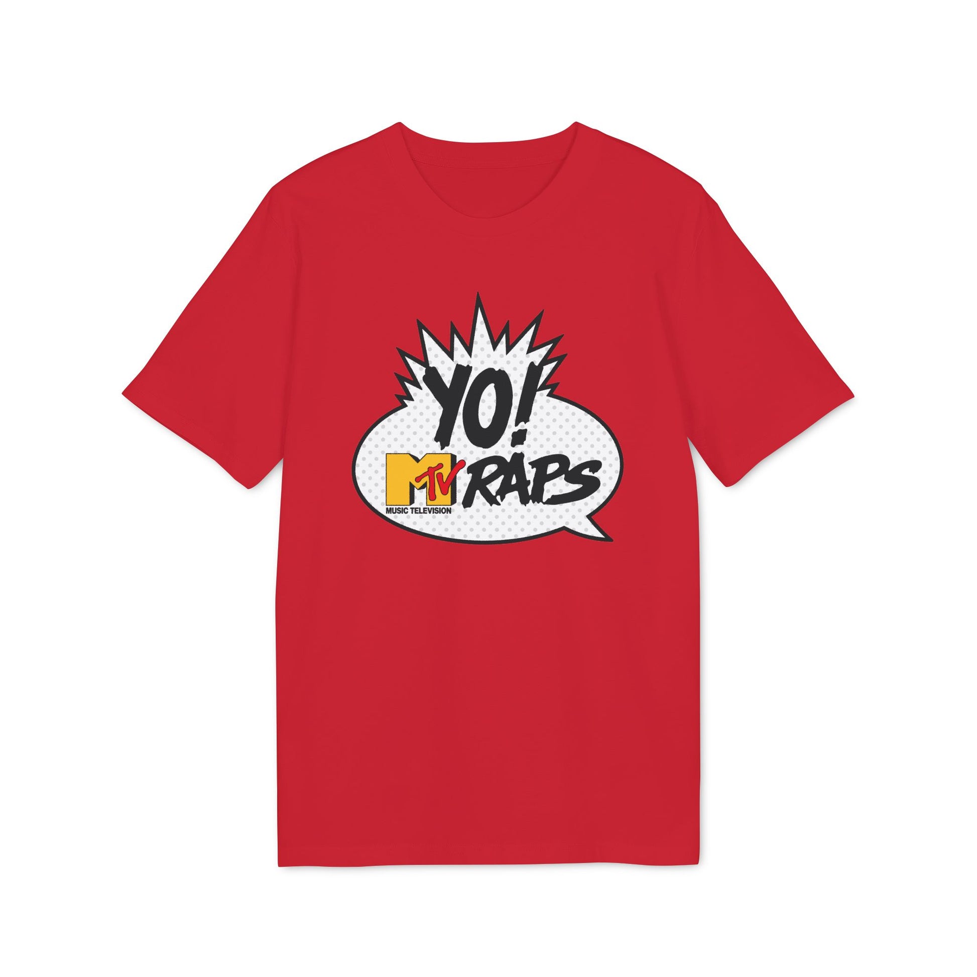 Red t-shirt with Yo! MTV Raps pop art graphic in a speech bubble.