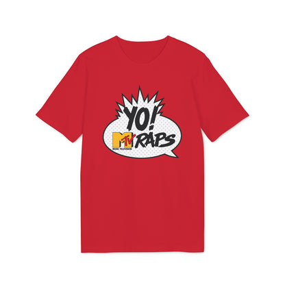 Red t-shirt with Yo! MTV Raps pop art graphic in a speech bubble.