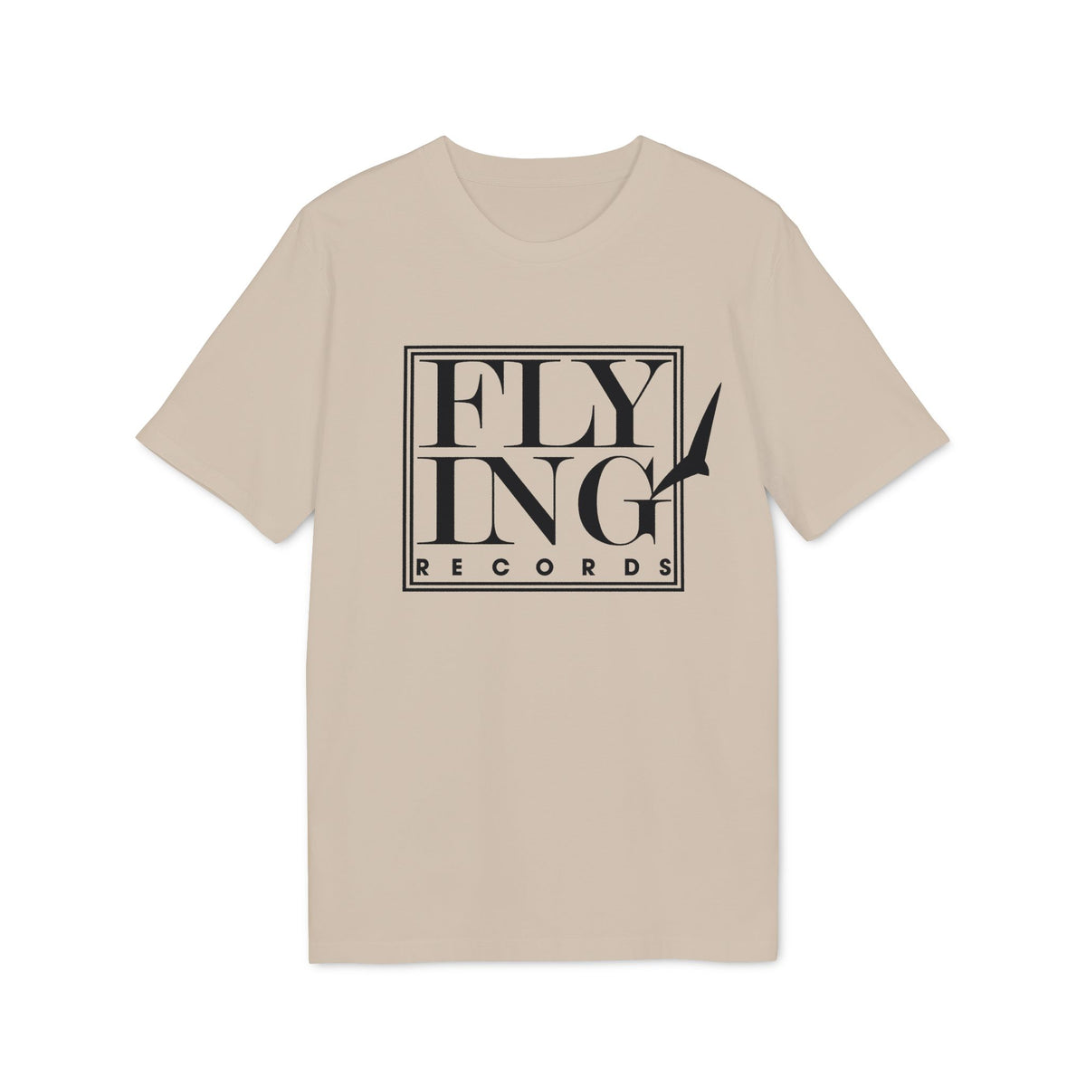 Beige short-sleeve t-shirt with a black framed graphic reading Flying Records and a bird icon.