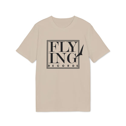 Beige short-sleeve t-shirt with a black framed graphic reading Flying Records and a bird icon.