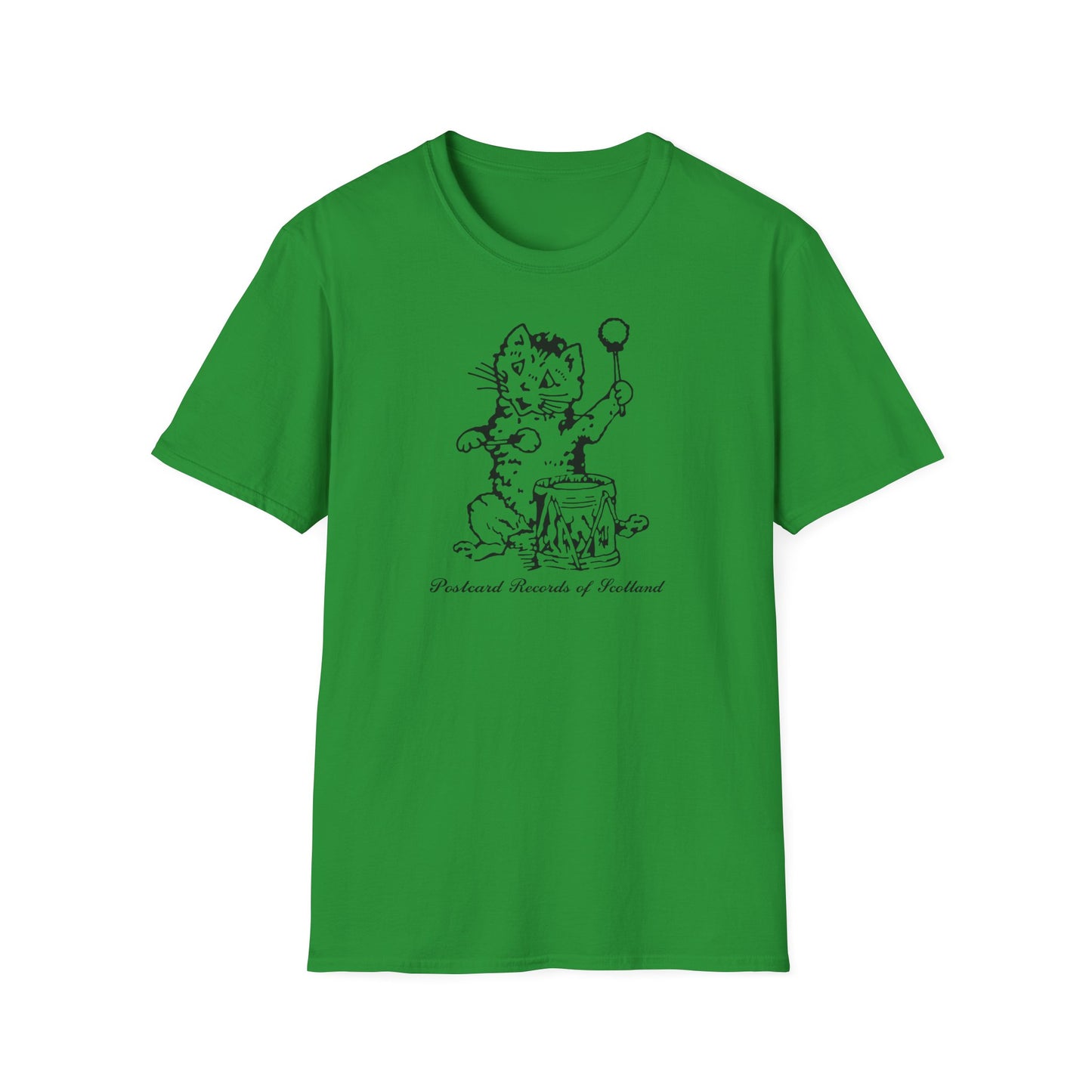 Green t-shirt with black illustration of a cat playing a drum and ball-tipped stick.