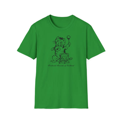 Green t-shirt with black illustration of a cat playing a drum and ball-tipped stick.