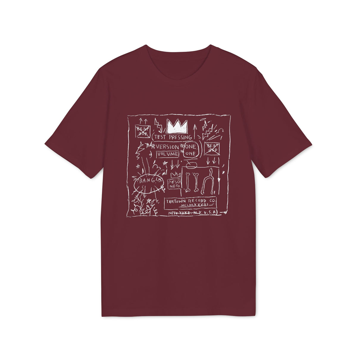 Maroon t-shirt featuring a white graphic print with graffiti-style text, arrows, and a crown.