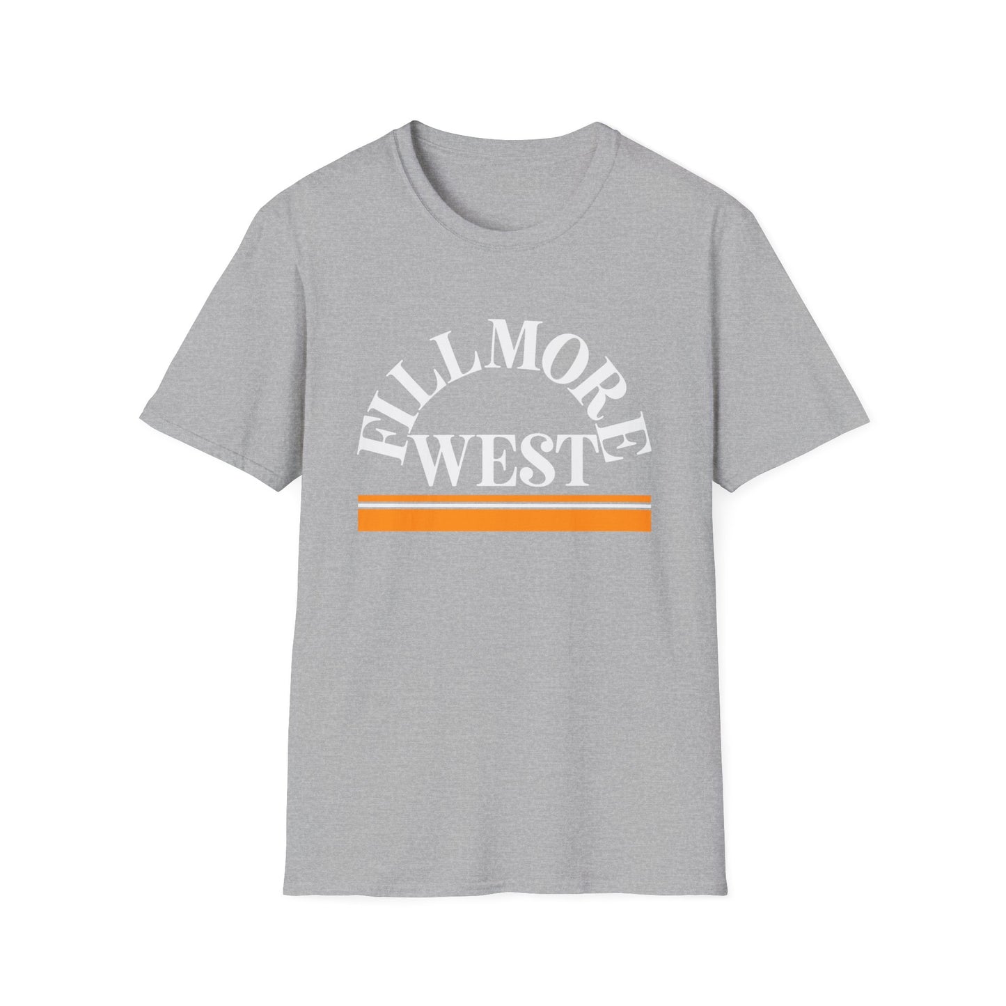 Grey t-shirt with arched "FILLMORE WEST" text and orange stripes.