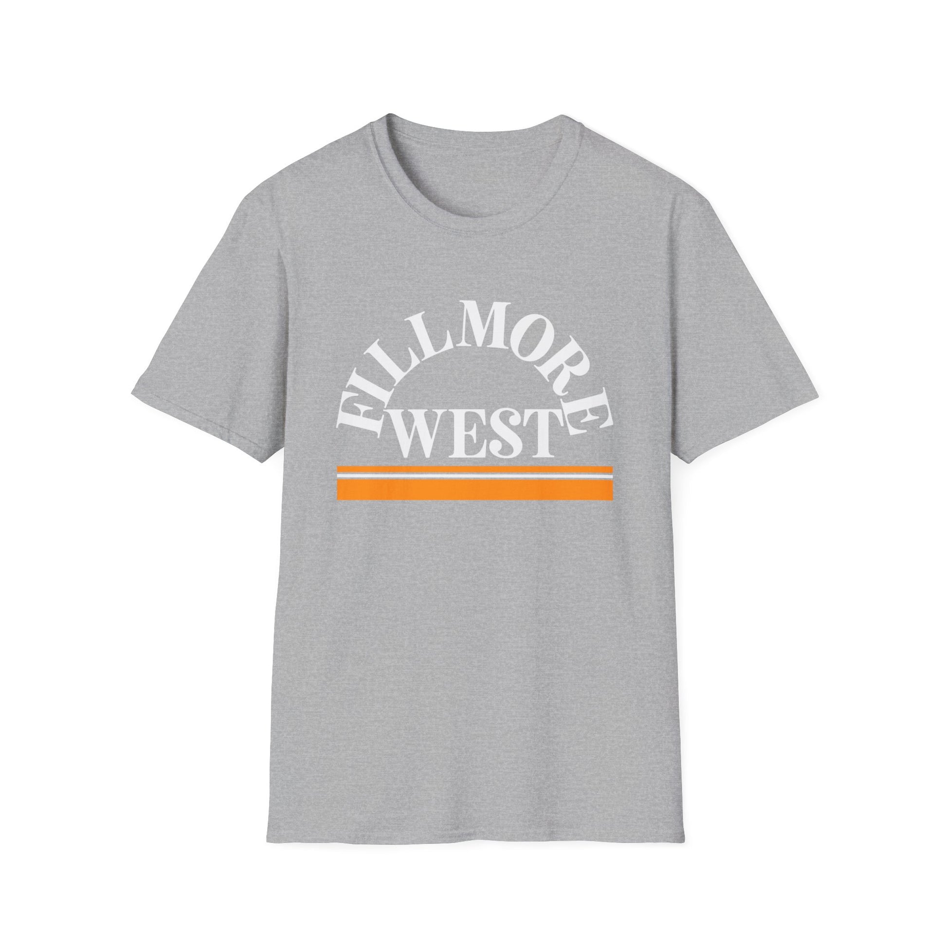 Grey t-shirt with arched "FILLMORE WEST" text and orange stripes.