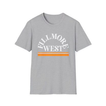 Grey t-shirt with arched "FILLMORE WEST" text and orange stripes.