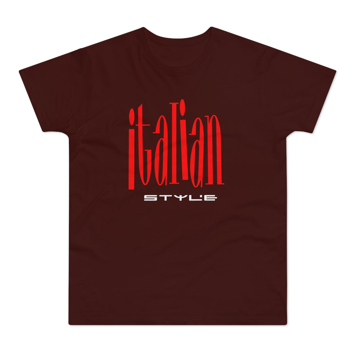 Brown t-shirt with "italian STYLE" in red text.