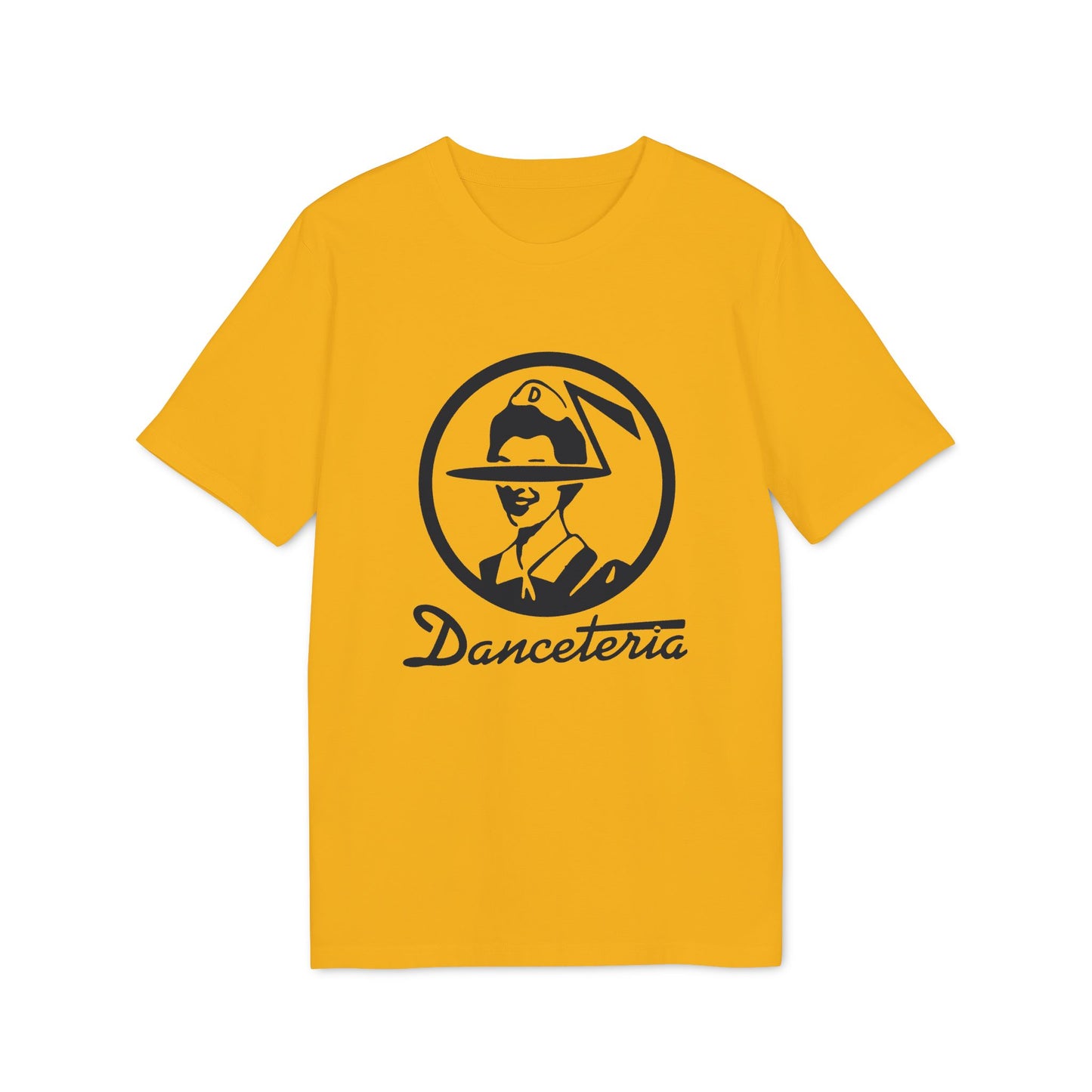 Yellow t-shirt with black "Danceteria" logo featuring a person in a hat.