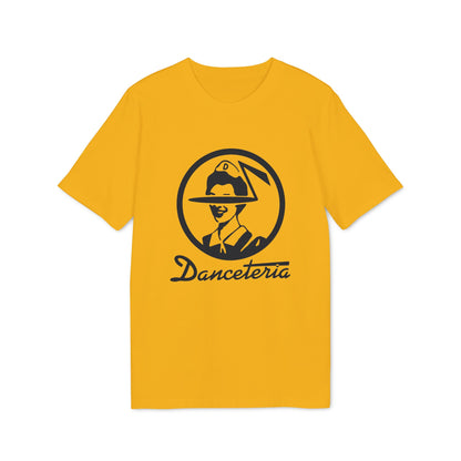 Yellow t-shirt with black "Danceteria" logo featuring a person in a hat.