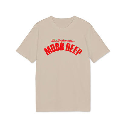 A tan short-sleeve t-shirt with red text reading "The Infamous Mobb Deep" across the chest.