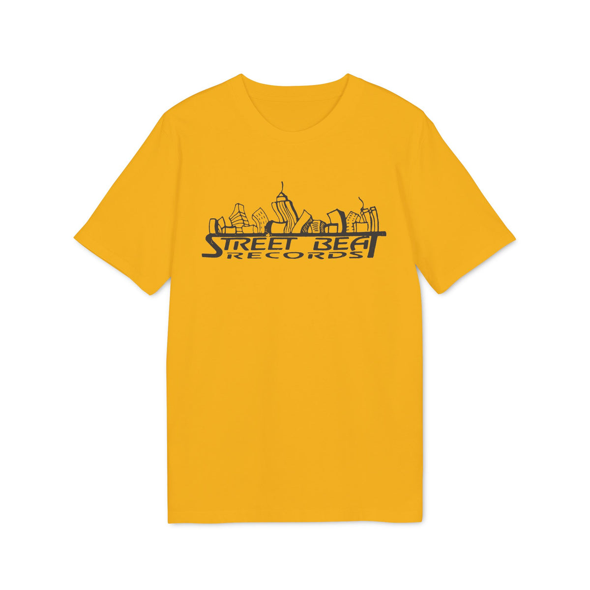 A yellow short-sleeved t-shirt with a black graphic of a city skyline and text reading Street Beat Records.