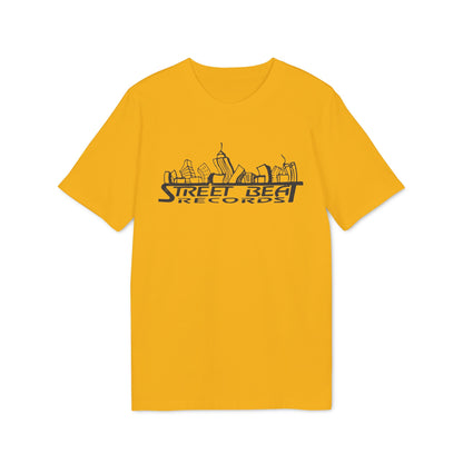 A yellow short-sleeved t-shirt with a black graphic of a city skyline and text reading Street Beat Records.
