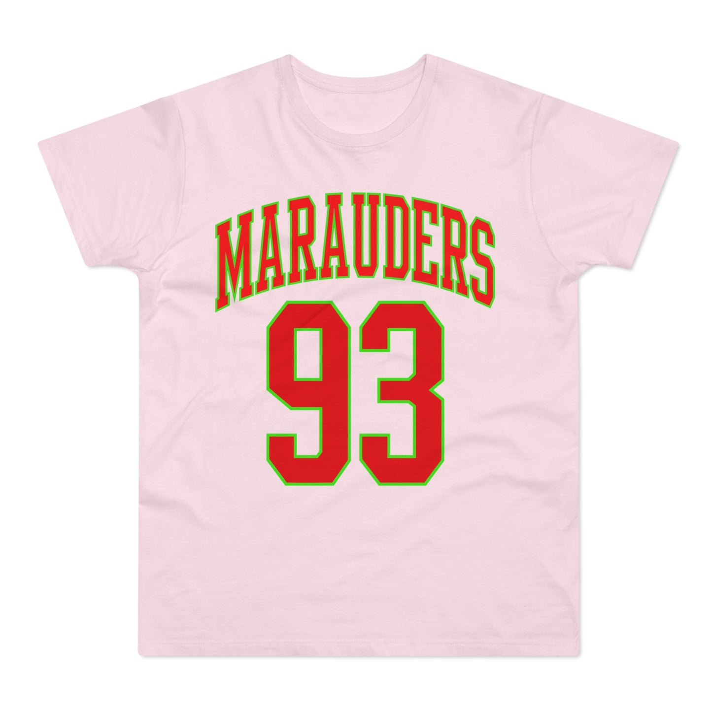 Pink t-shirt with the text MARAUDERS and the number 93 in red with green outline.
