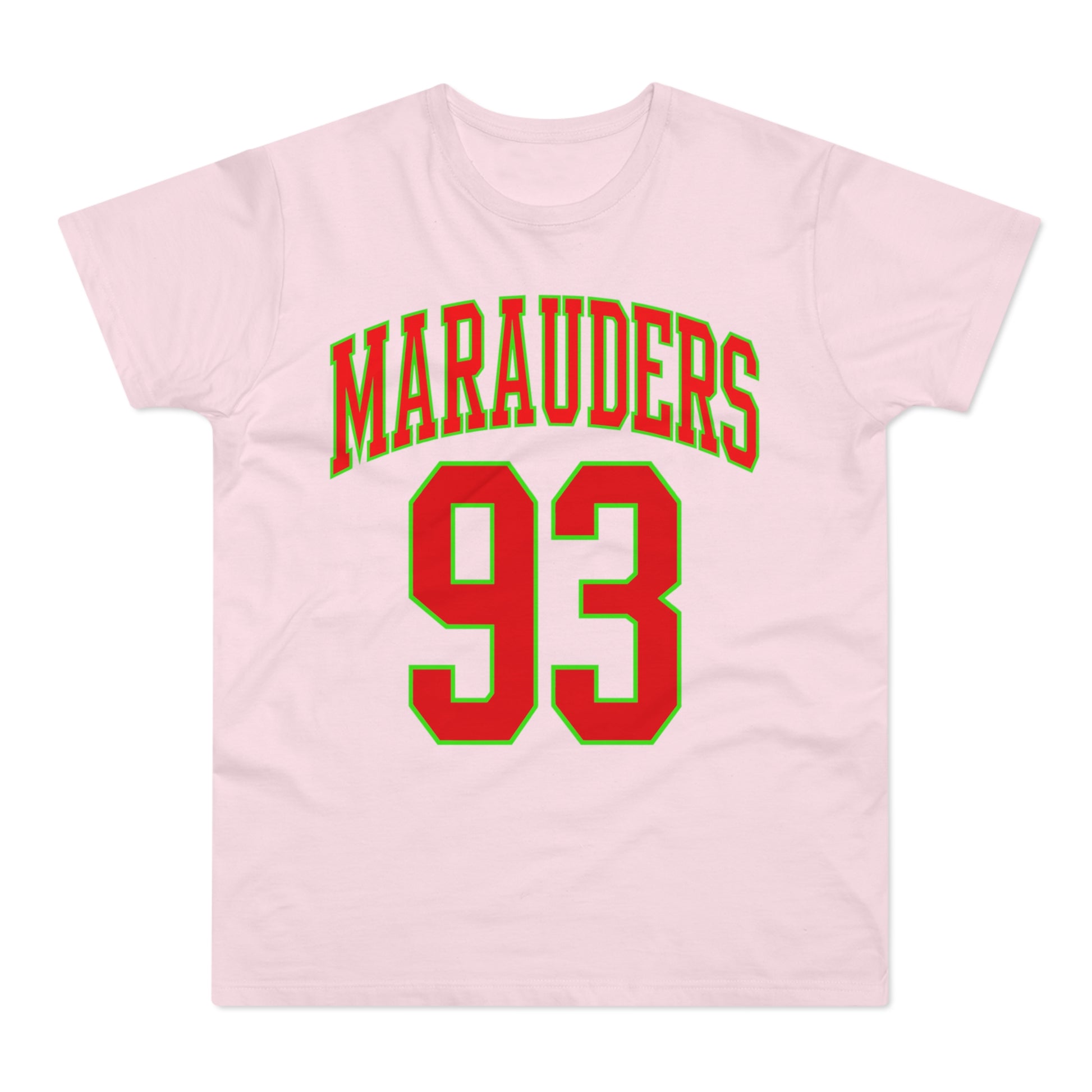 Pink t-shirt with the text MARAUDERS and the number 93 in red with green outline.