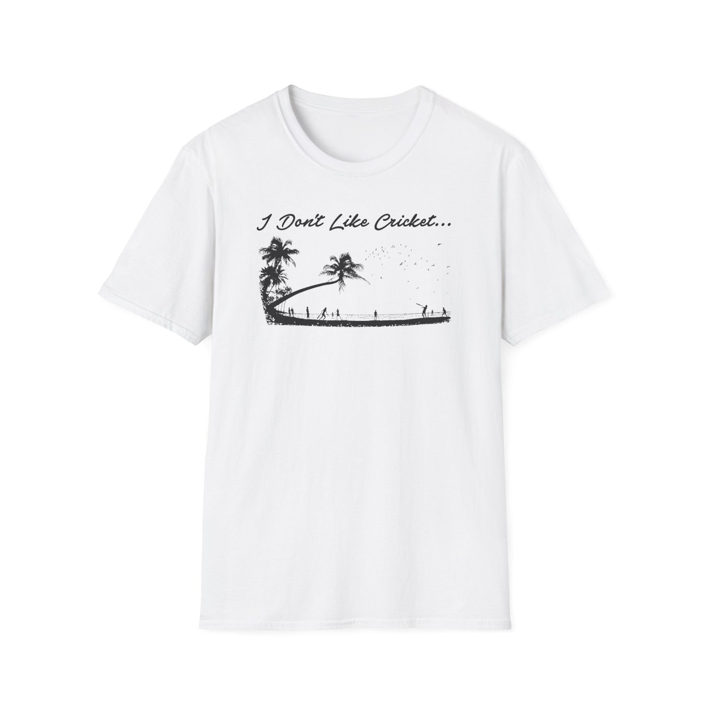 White t-shirt with black graphic of palm trees and people on a pier, text "I Don't Like Cricket...".