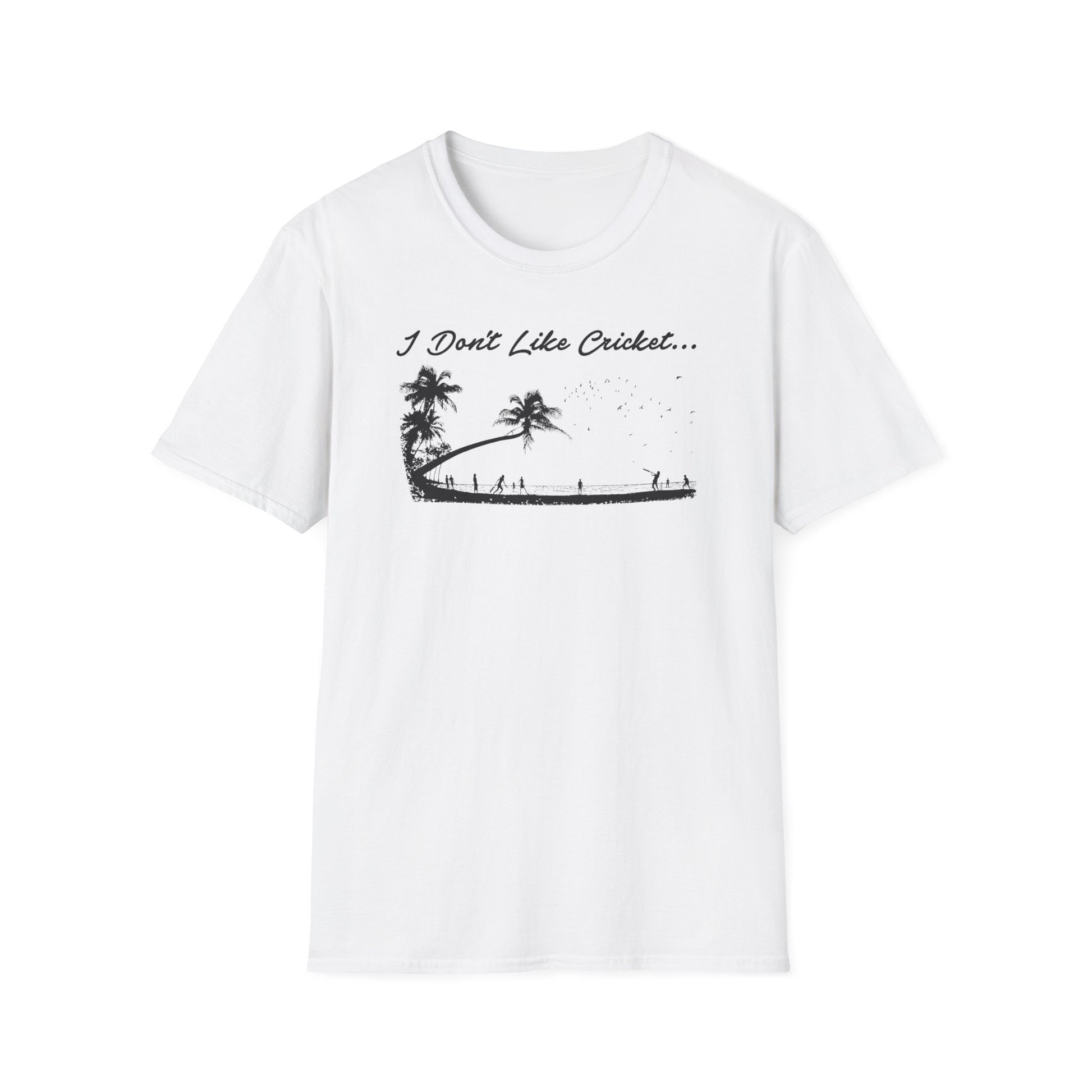 White t-shirt with black graphic of palm trees and people on a pier, text "I Don't Like Cricket...".