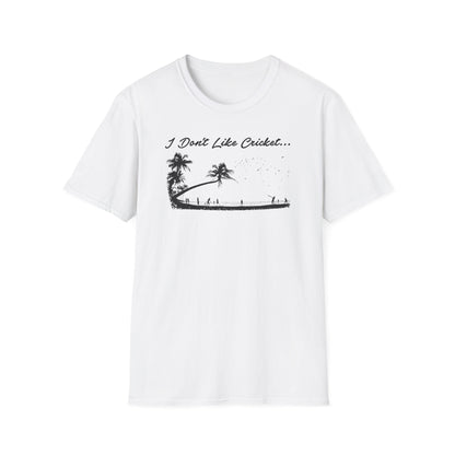 White t-shirt with black graphic of palm trees and people on a pier, text "I Don't Like Cricket...".
