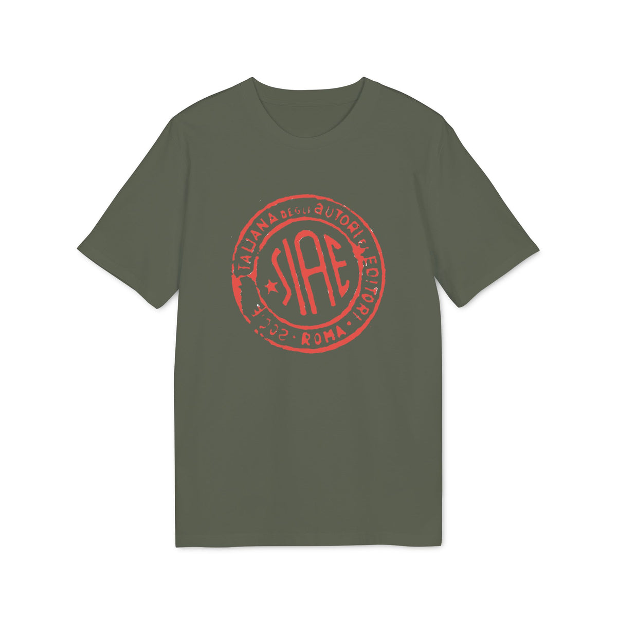 Olive green short-sleeved t-shirt featuring a circular red stamped graphic with the letters SIAE on the chest.