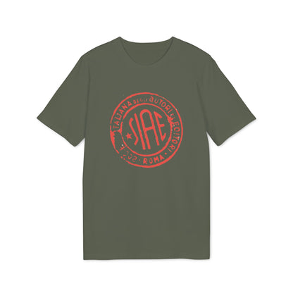 Olive green short-sleeved t-shirt featuring a circular red stamped graphic with the letters SIAE on the chest.