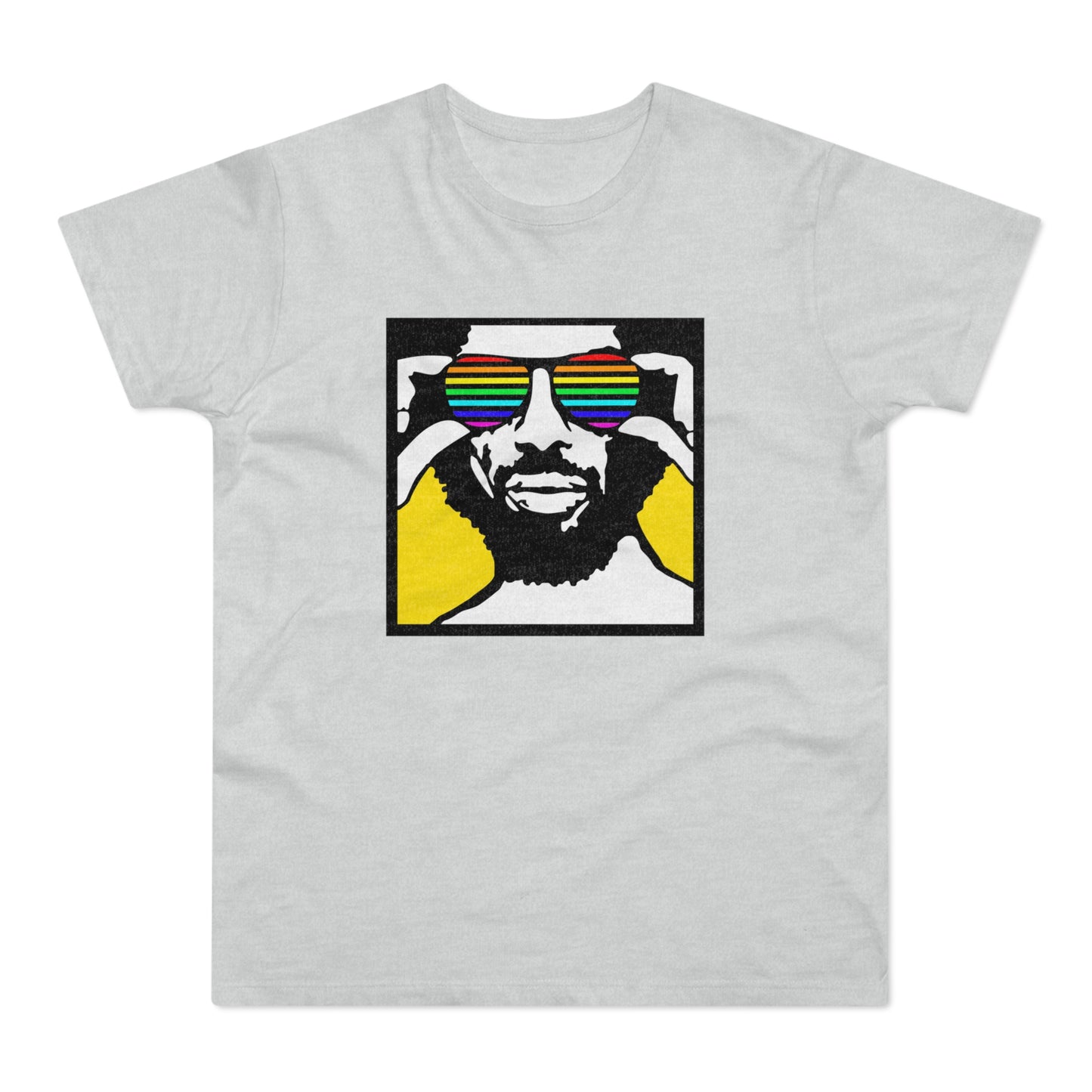 Man wearing rainbow striped sunglasses, bold graphic on light grey t-shirt.