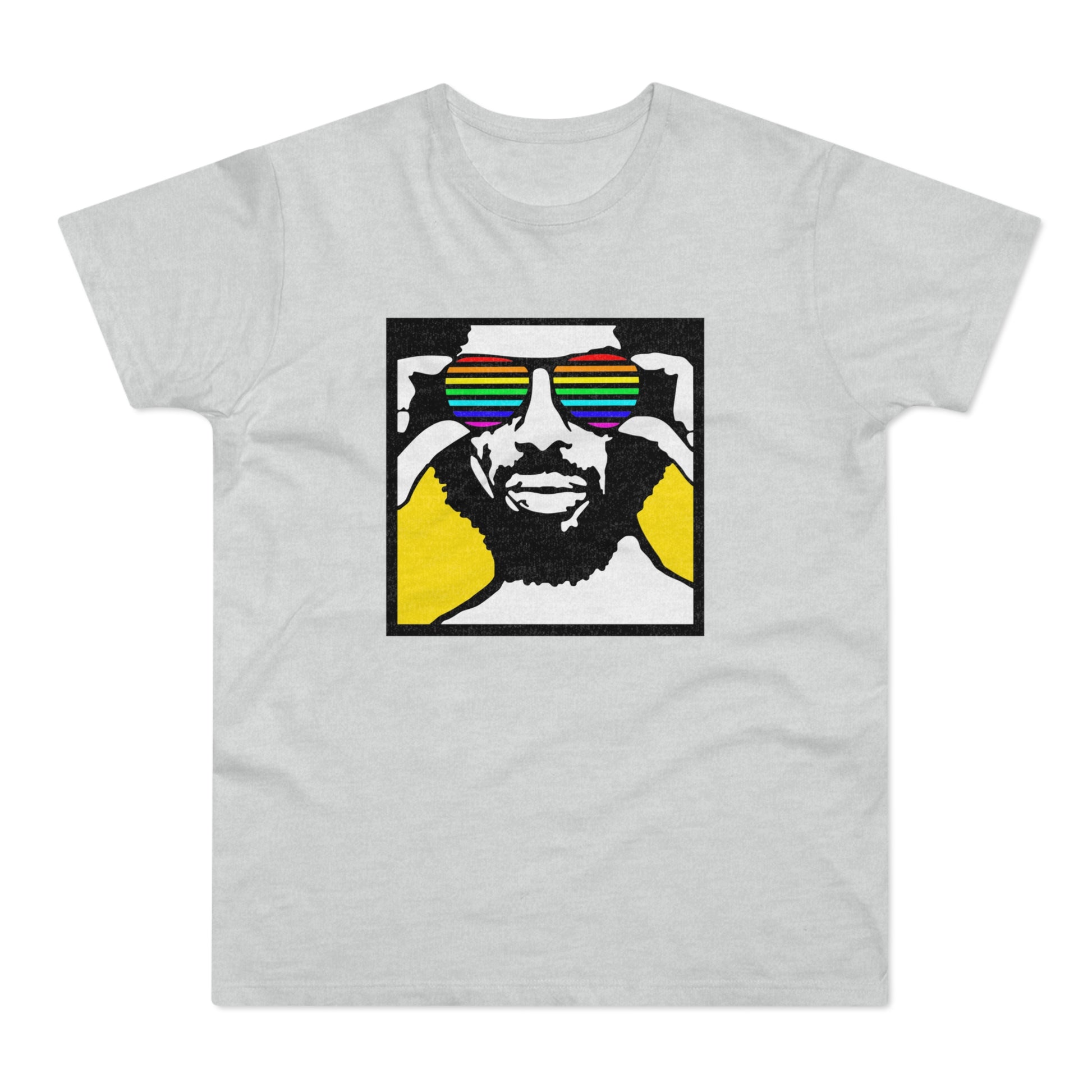 Man wearing rainbow striped sunglasses, bold graphic on light grey t-shirt.