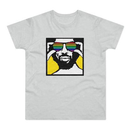 Man wearing rainbow striped sunglasses, bold graphic on light grey t-shirt.