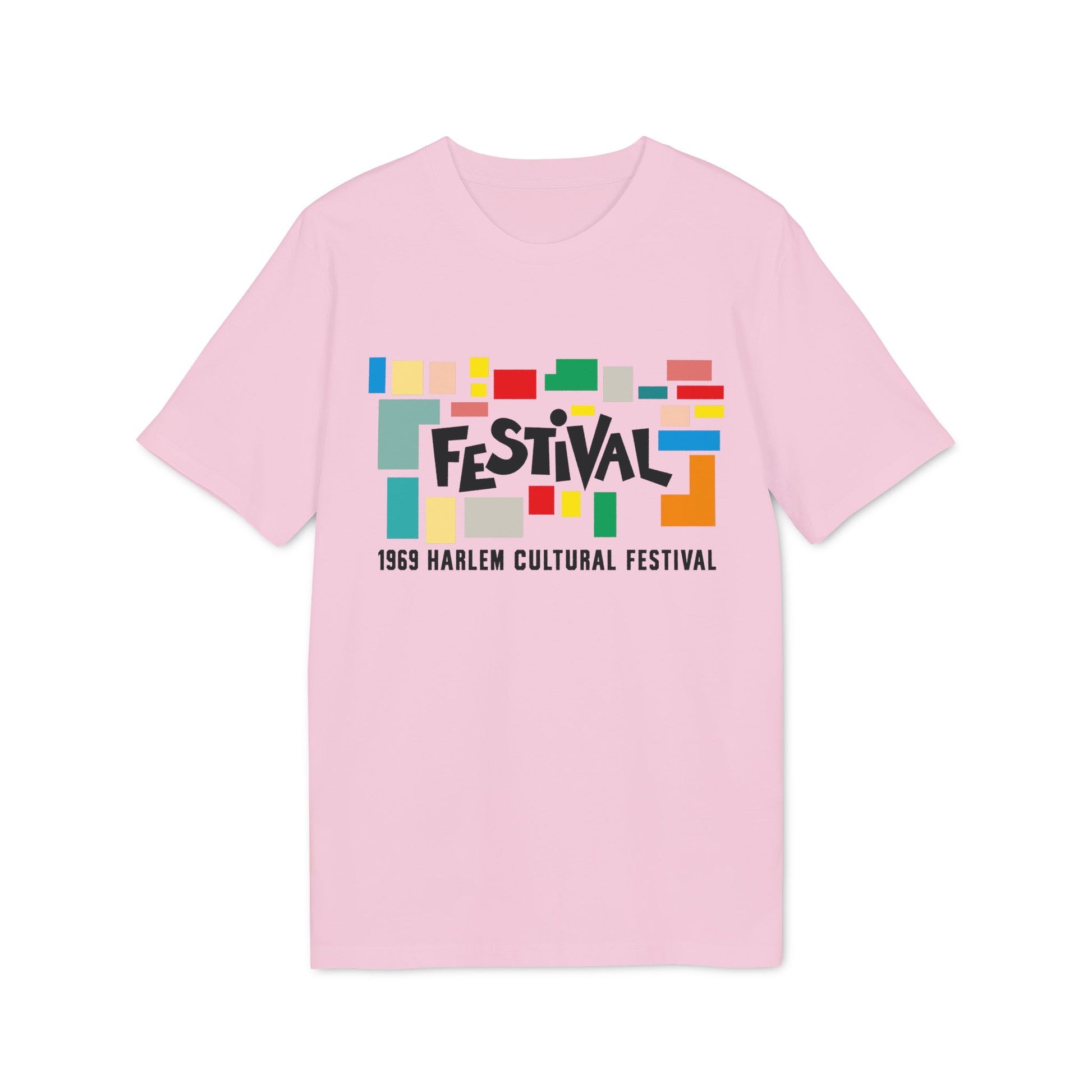 Pink t-shirt with abstract colorful blocks and text Festival 1969 Harlem Cultural Festival.