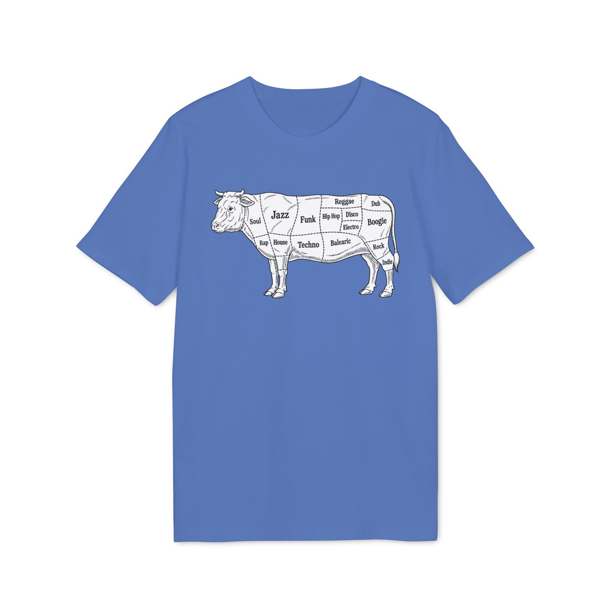 A blue t-shirt featuring a diagram of a cow labeled with music genres instead of meat cuts.