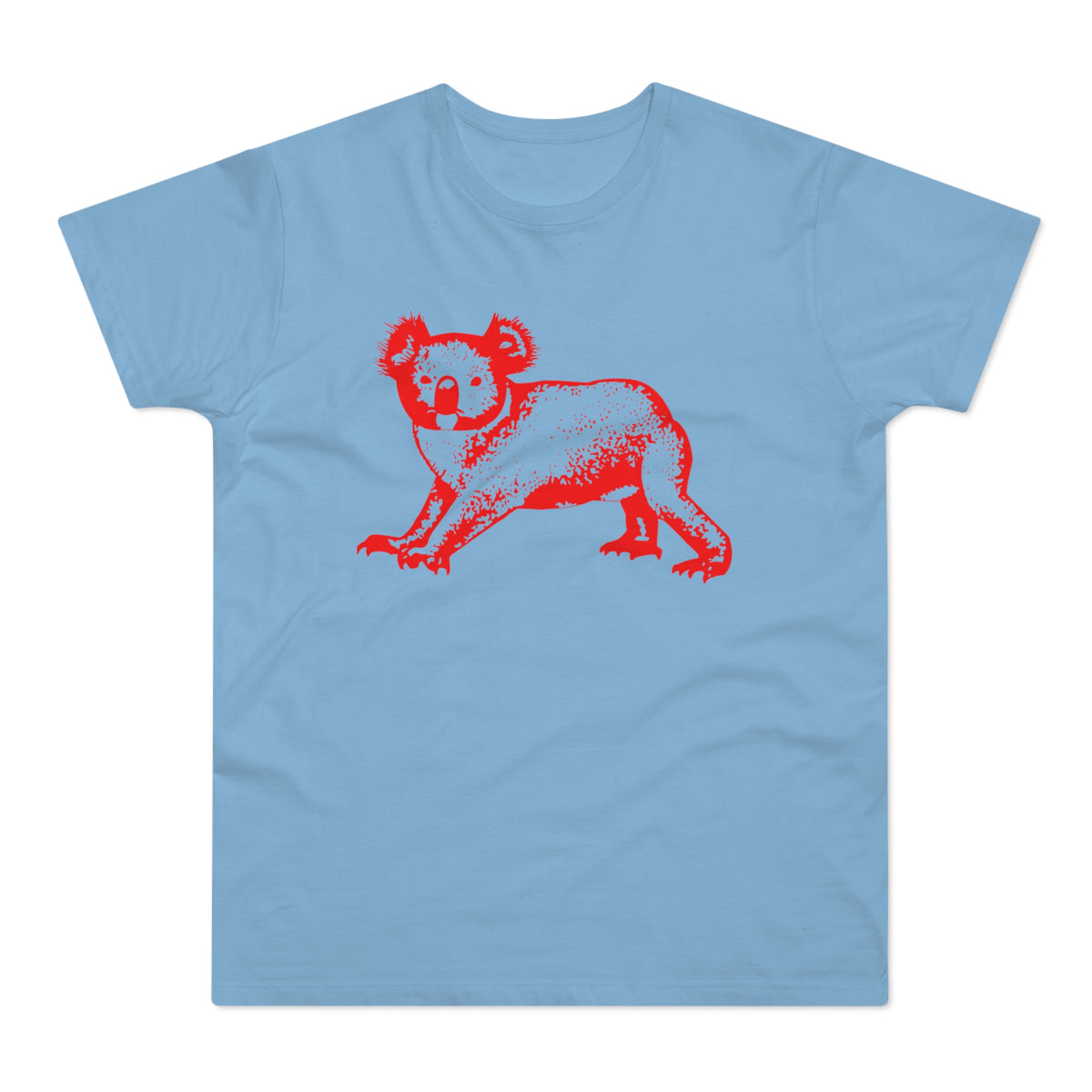 Light blue t-shirt with a red distressed koala graphic.
