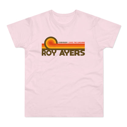 Pink t-shirt with "ROY AYERS" and "EVERYBODY LOVES THE SUNSHINE" text.