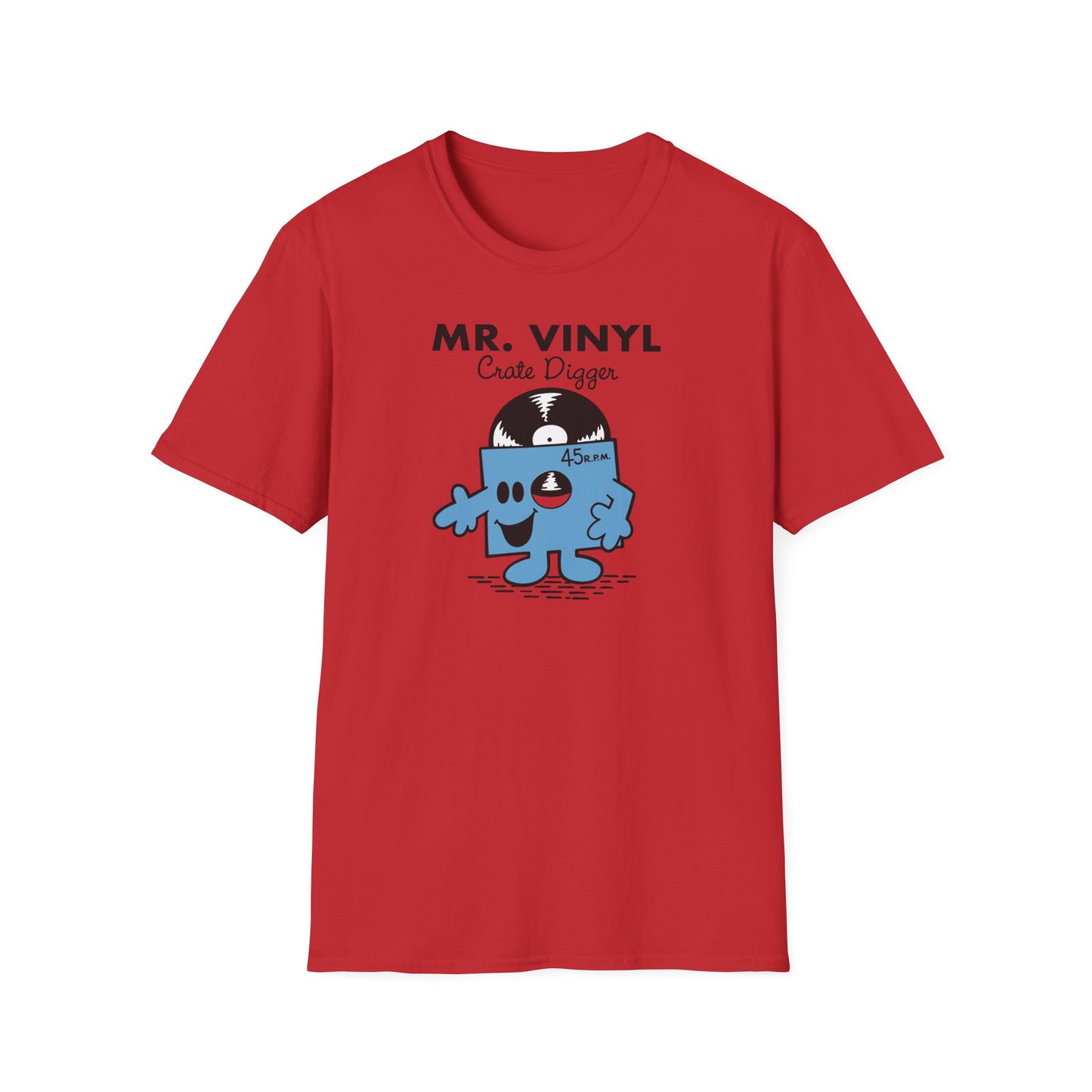 Red t-shirt with "MR. VINYL Crate Digger" and cartoon vinyl record character.