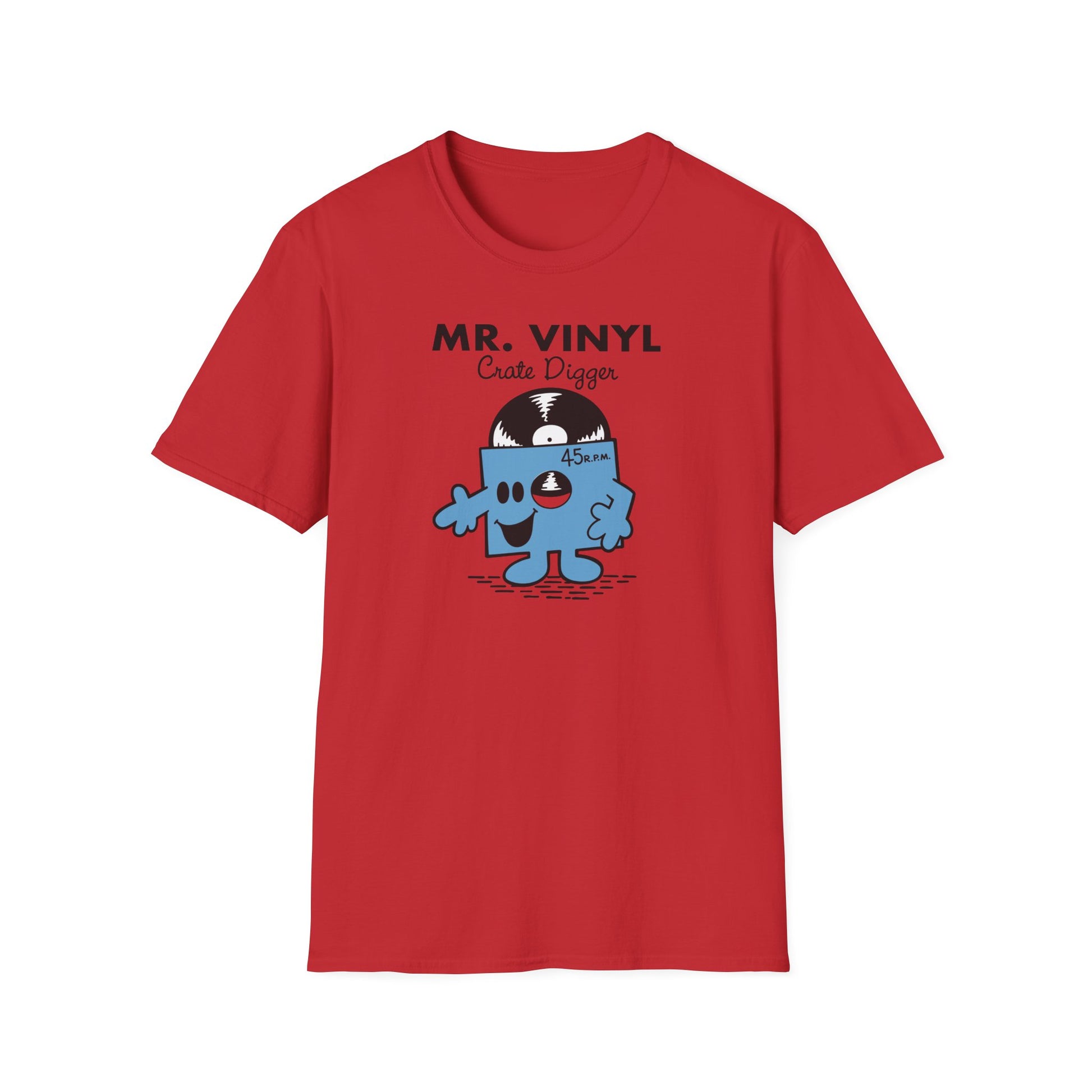 Red t-shirt with "MR. VINYL Crate Digger" and cartoon vinyl record character.