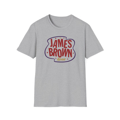 Grey t-shirt with "The James Brown Revue" graphic in red and purple.