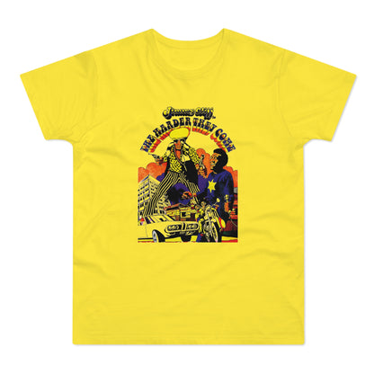 Jimmy Cliff's "The Harder They Come" album art graphic on a yellow t-shirt.
