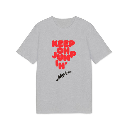A grey short-sleeved t-shirt with red block lettering that reads KEEP ON JUMPIN and black script underneath.