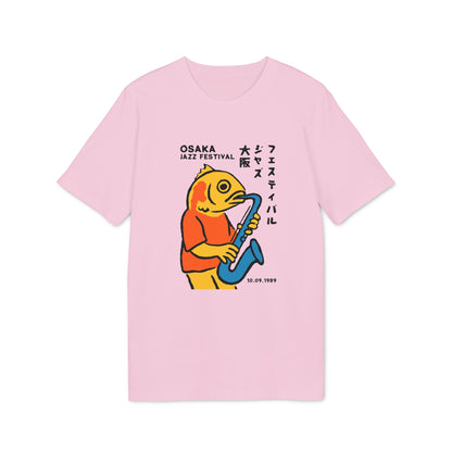 Pink t-shirt with illustration of a fish playing a saxophone, "Osaka Jazz Festival" text, and date.