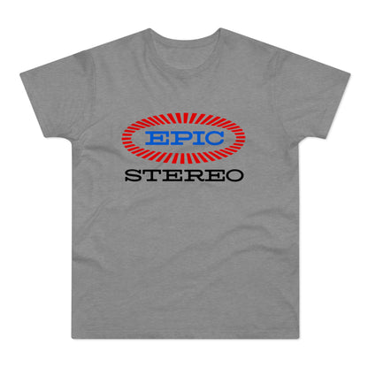 Grey t-shirt with red oval logo and blue "EPIC STEREO" text.