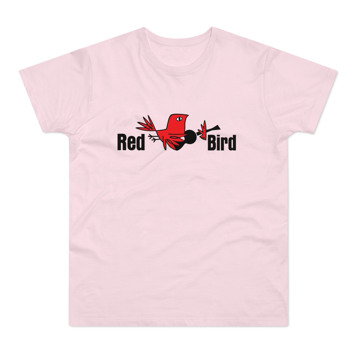 Pink t-shirt with "Red Bird" text and a cartoon red bird holding a black object.