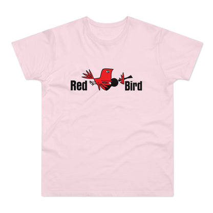 Pink t-shirt with "Red Bird" text and a cartoon red bird holding a black object.