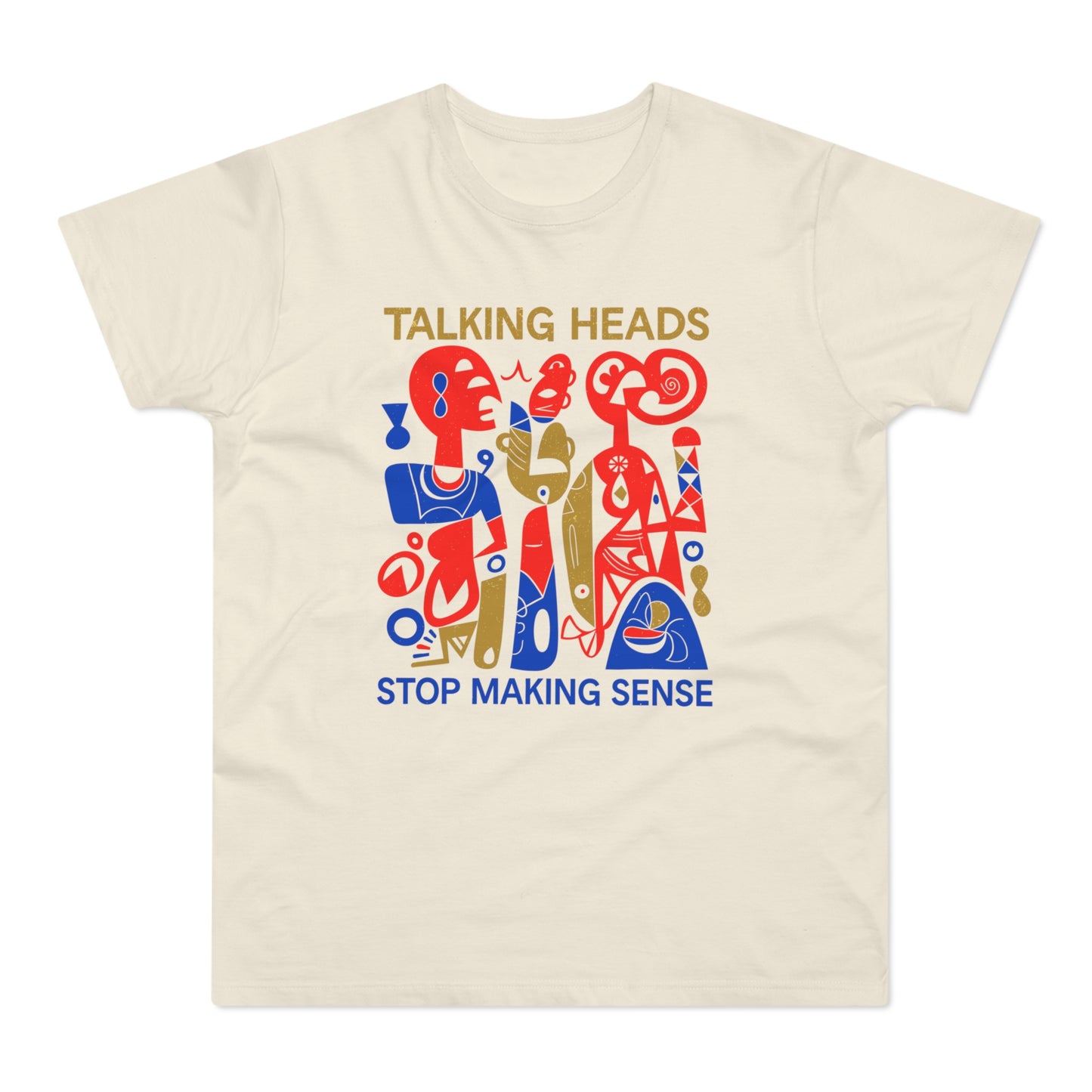 Cream t-shirt with "Talking Heads" and "Stop Making Sense" text, featuring abstract figures.