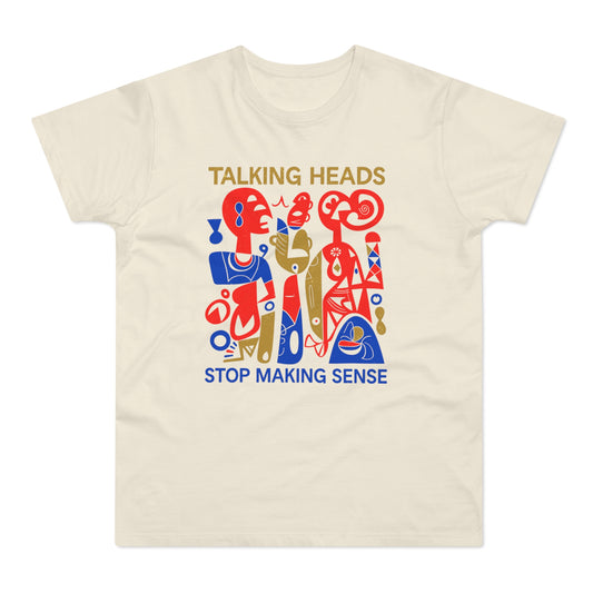 Cream t-shirt with "Talking Heads" and "Stop Making Sense" text, featuring abstract figures.
