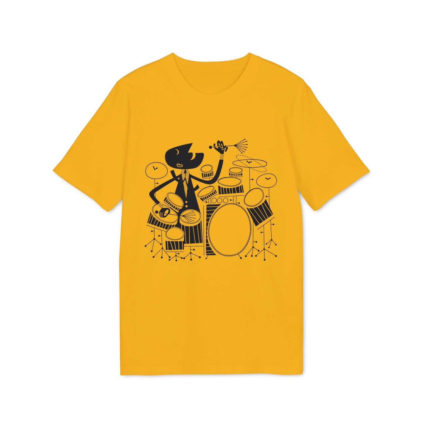 Black and white illustration of a drummer playing a drum set on a yellow t-shirt.
