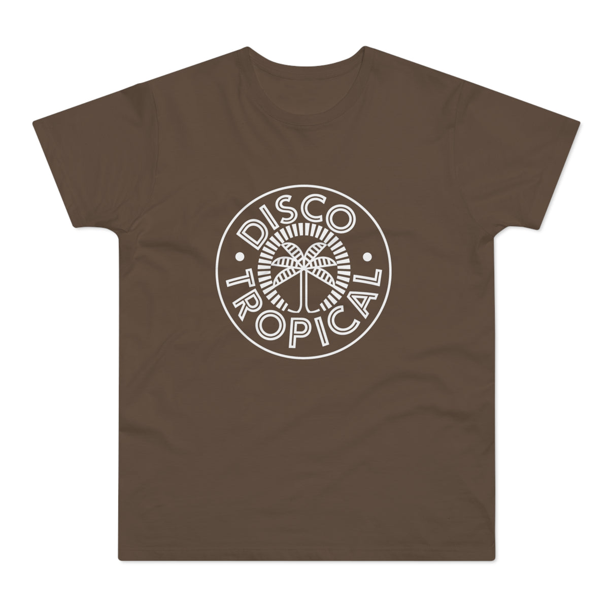 Brown t-shirt with white "Disco Tropical" text and palm tree logo.