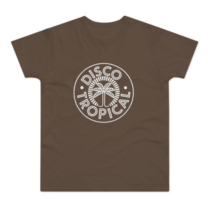 Brown t-shirt with white "Disco Tropical" text and palm tree logo.