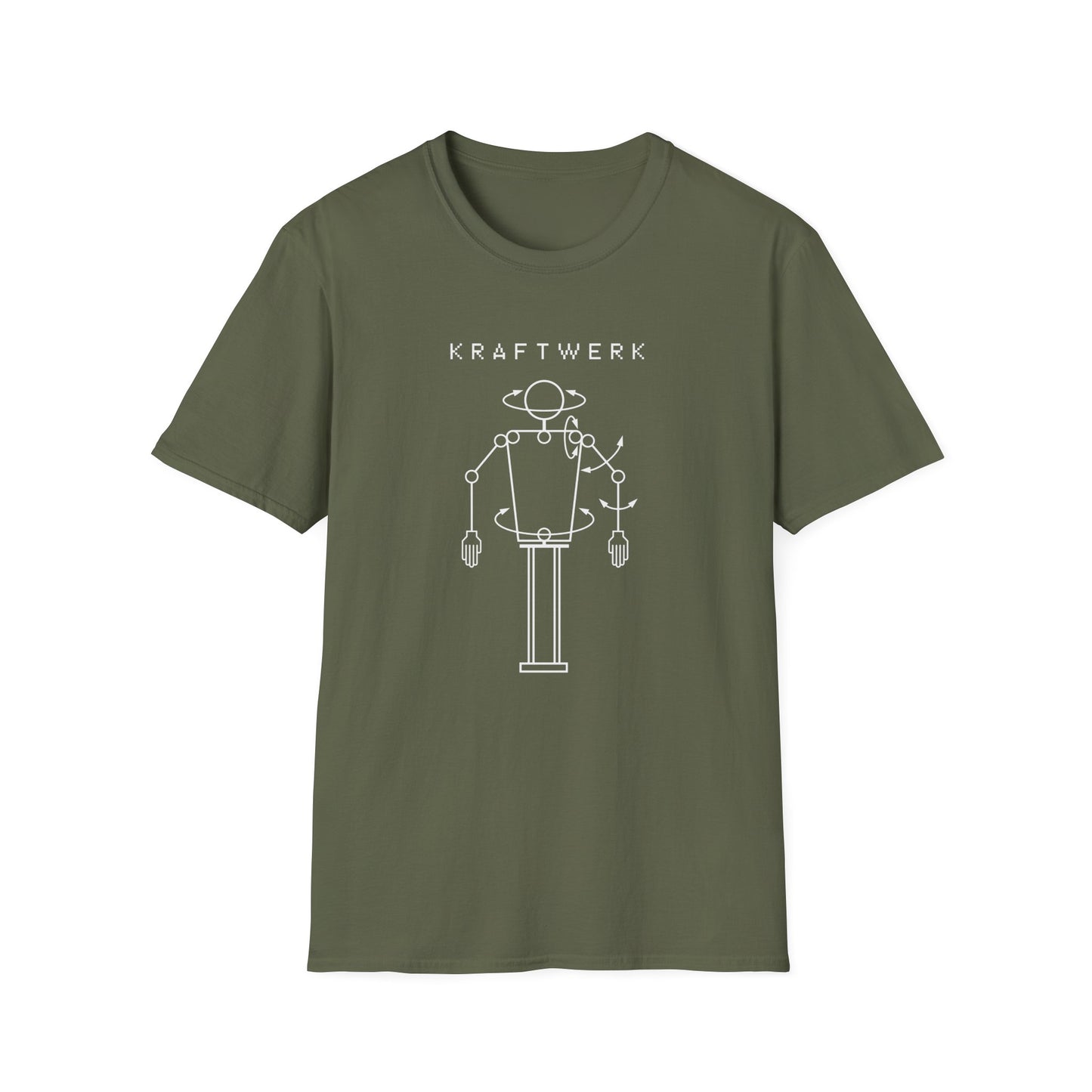 logo with a white outline of a robot on a green t-shirt.