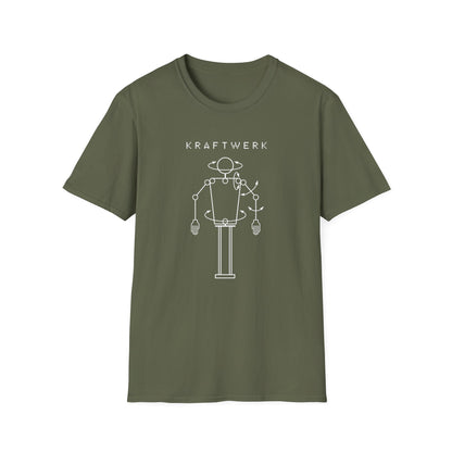 logo with a white outline of a robot on a green t-shirt.