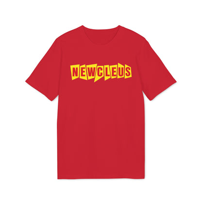 A red crew neck t-shirt featuring the yellow text NEWCLEUS across the chest.