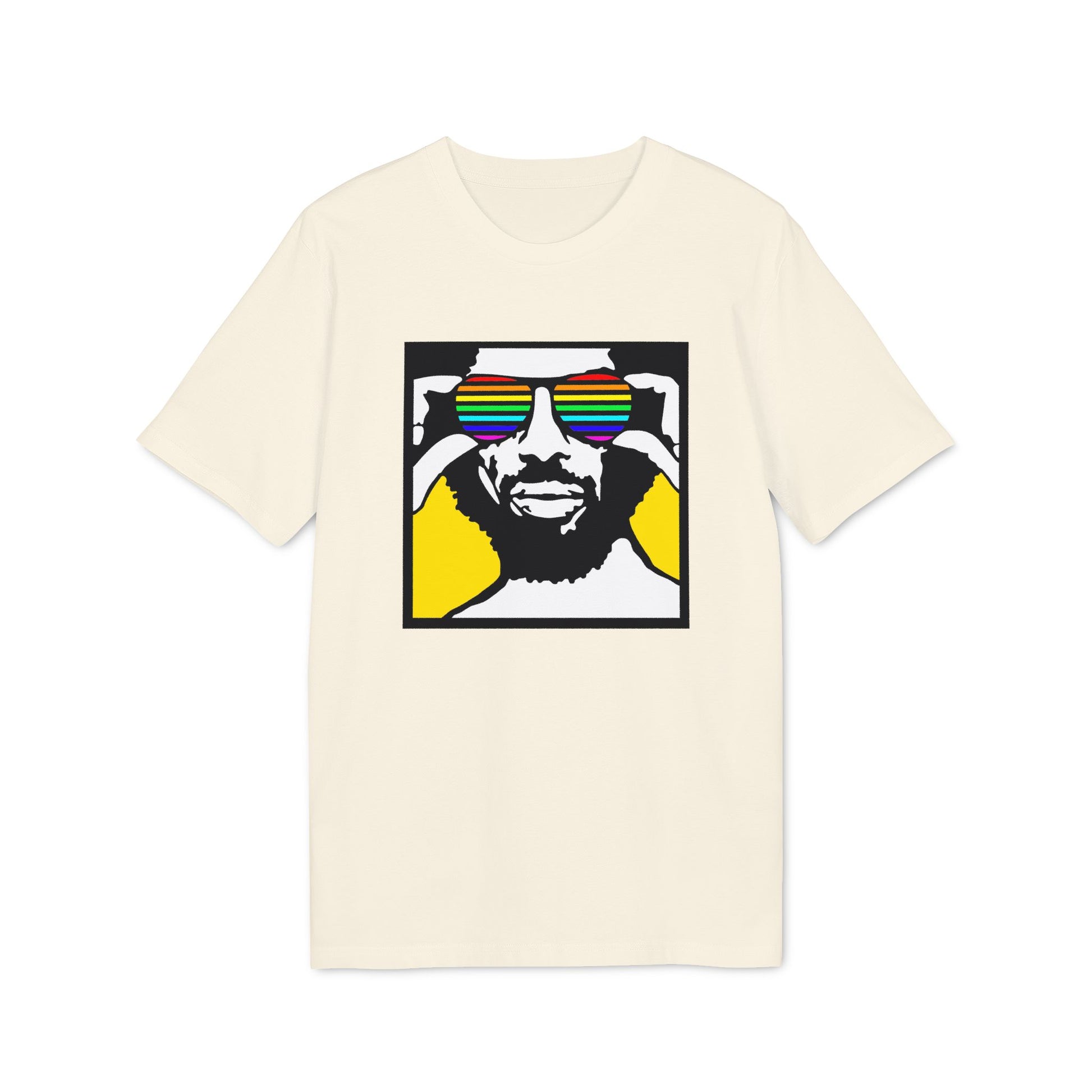 Cream t-shirt with print of man wearing rainbow striped sunglasses.